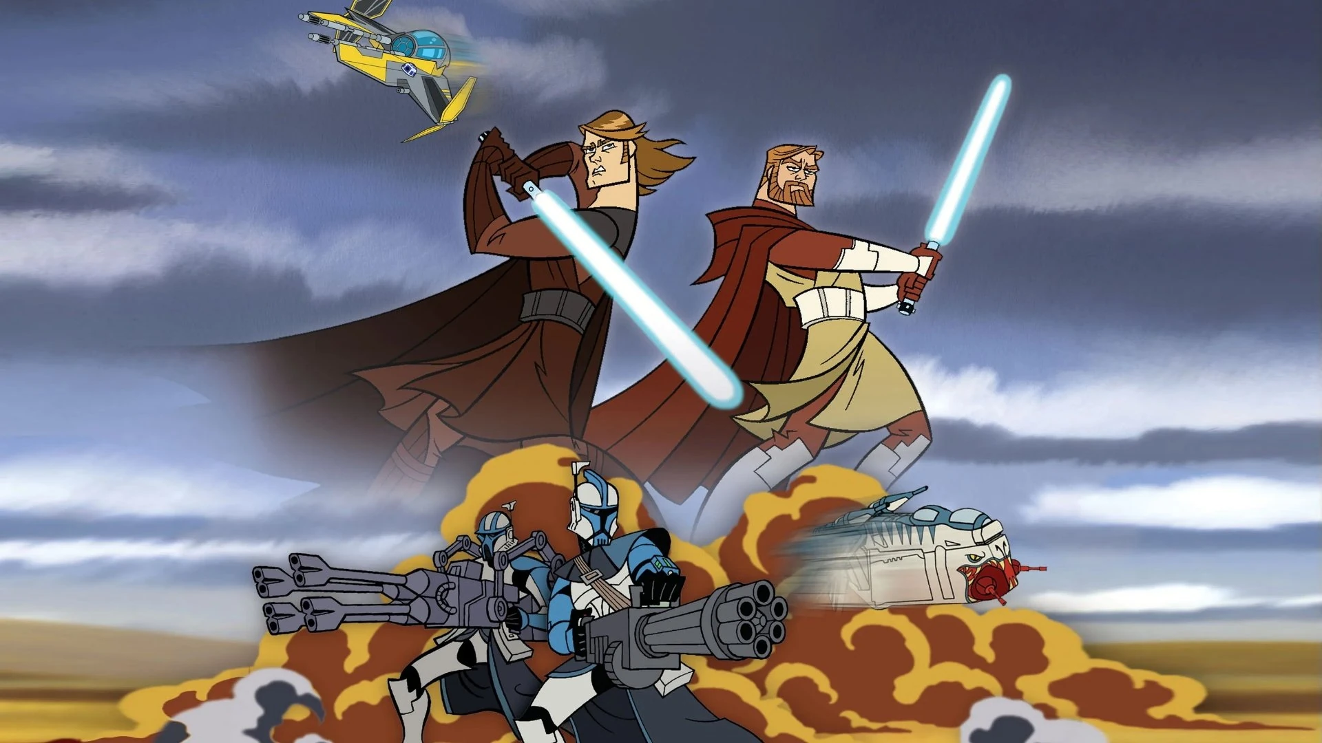 Anakin Skywalker in stylized Genndy Tartakovsky animation, lightsaber drawn, amid chaotic Clone Wars battle.