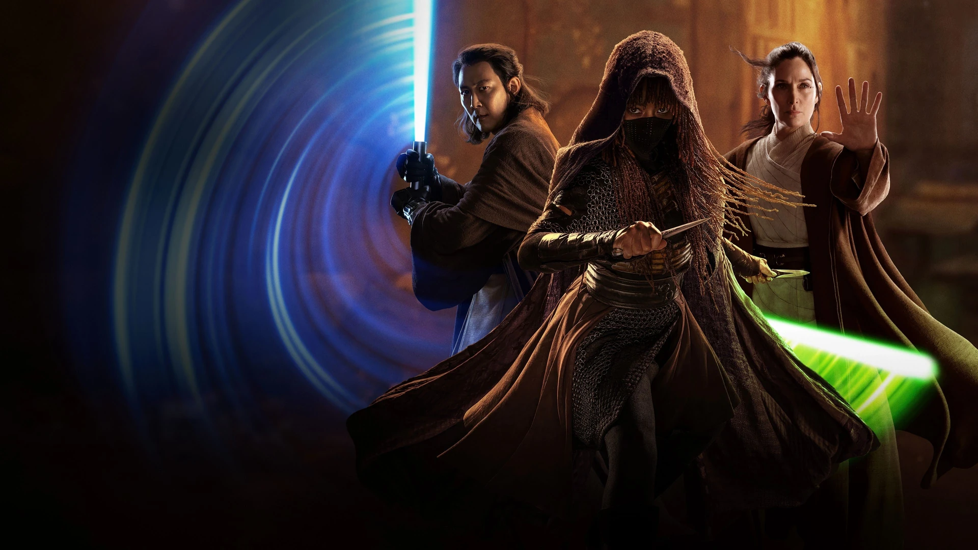 A Jedi Master confronts a mysterious dark side user in a tense forest scene from The Acolyte