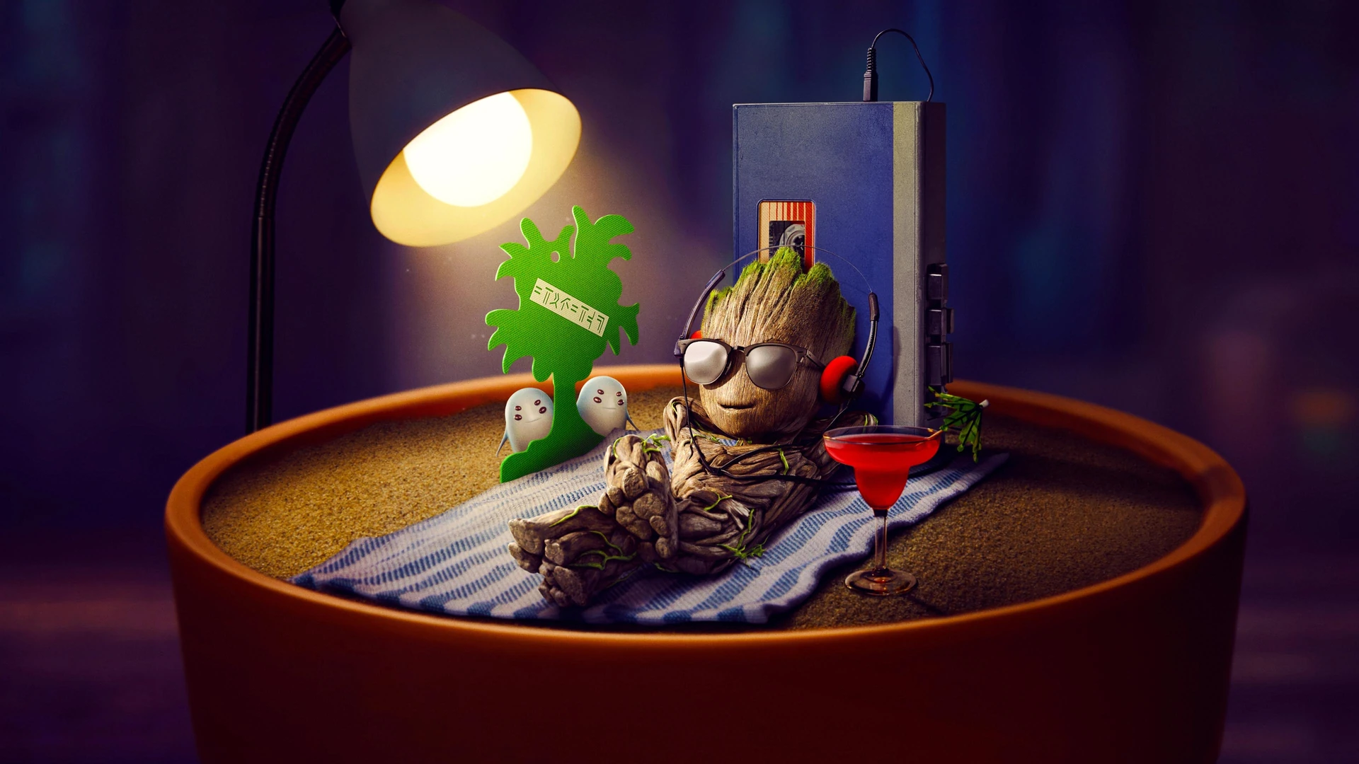 Baby Groot in a moment of playful discovery, amidst cosmic flora