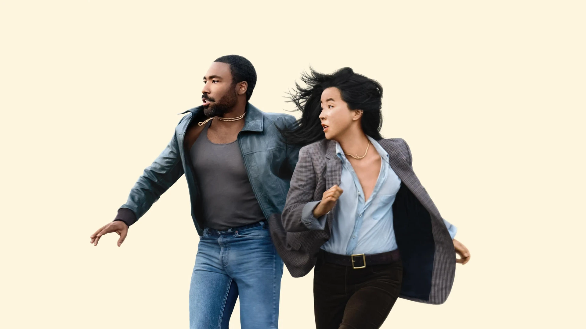 Donald Glover and Maya Erskine as John and Jane Smith, looking at each other intensely across a table.