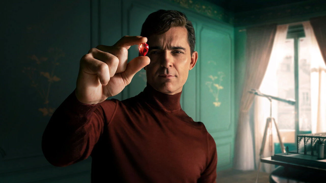 Berlin, dressed impeccably, surveying a grand Parisian scene, a symbol of his opulent ambition.