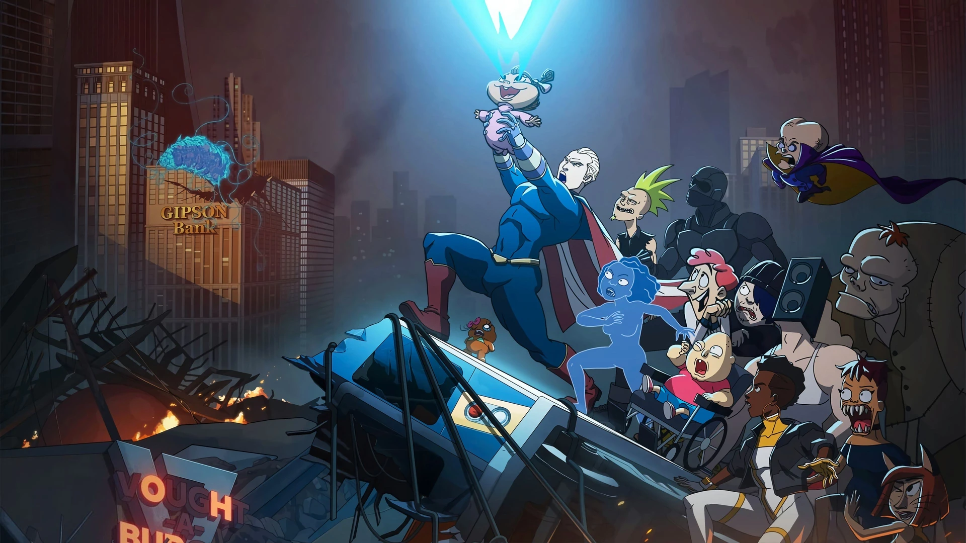 A diverse collage of animated characters from The Boys Presents Diabolical, showcasing its varied styles and chaotic energy.