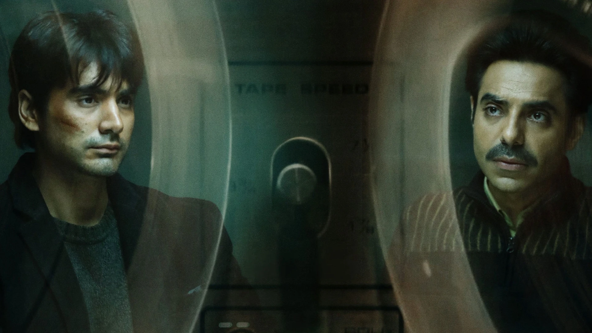 A tense interrogation scene, shadows playing on faces, suggesting hidden truths