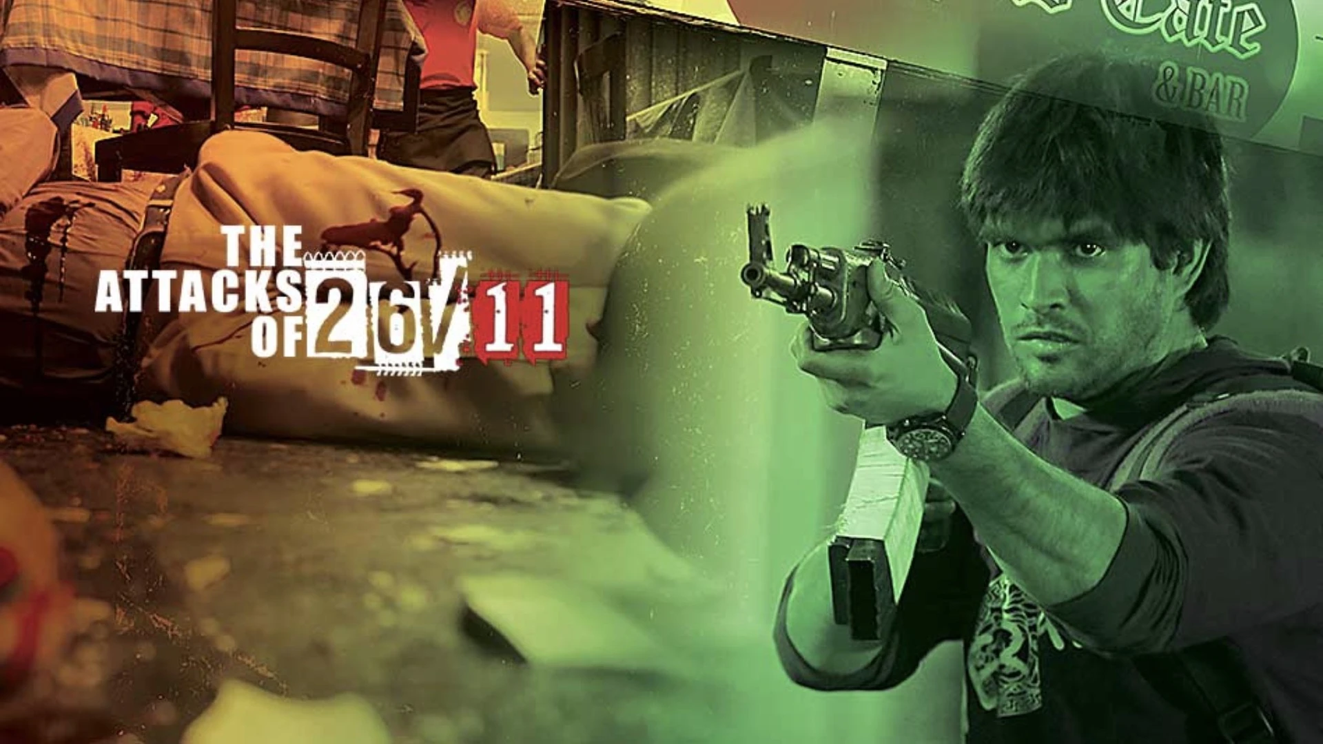 A tense, chaotic scene from The Attacks of 26/11, depicting urban conflict