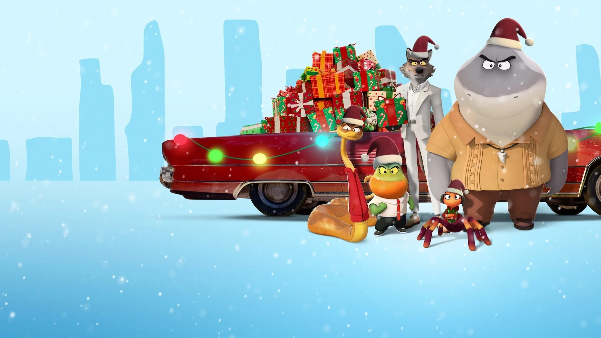 The Bad Guys crew, a wolf, snake, piranha, and shark, in festive attire, looking surprised