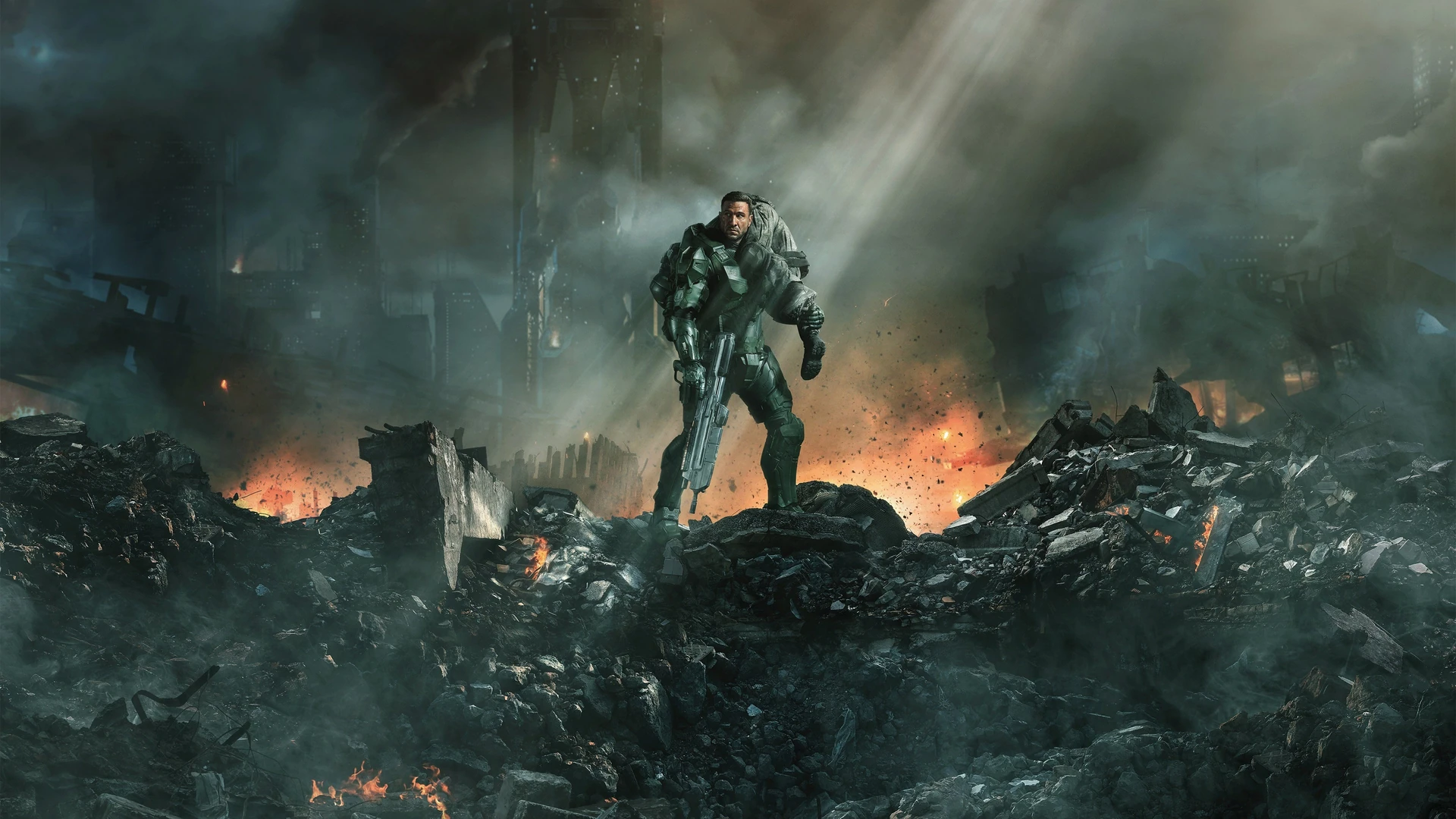 Master Chief stands amidst futuristic ruins, reflecting the desolate grandeur of the Halo universe.