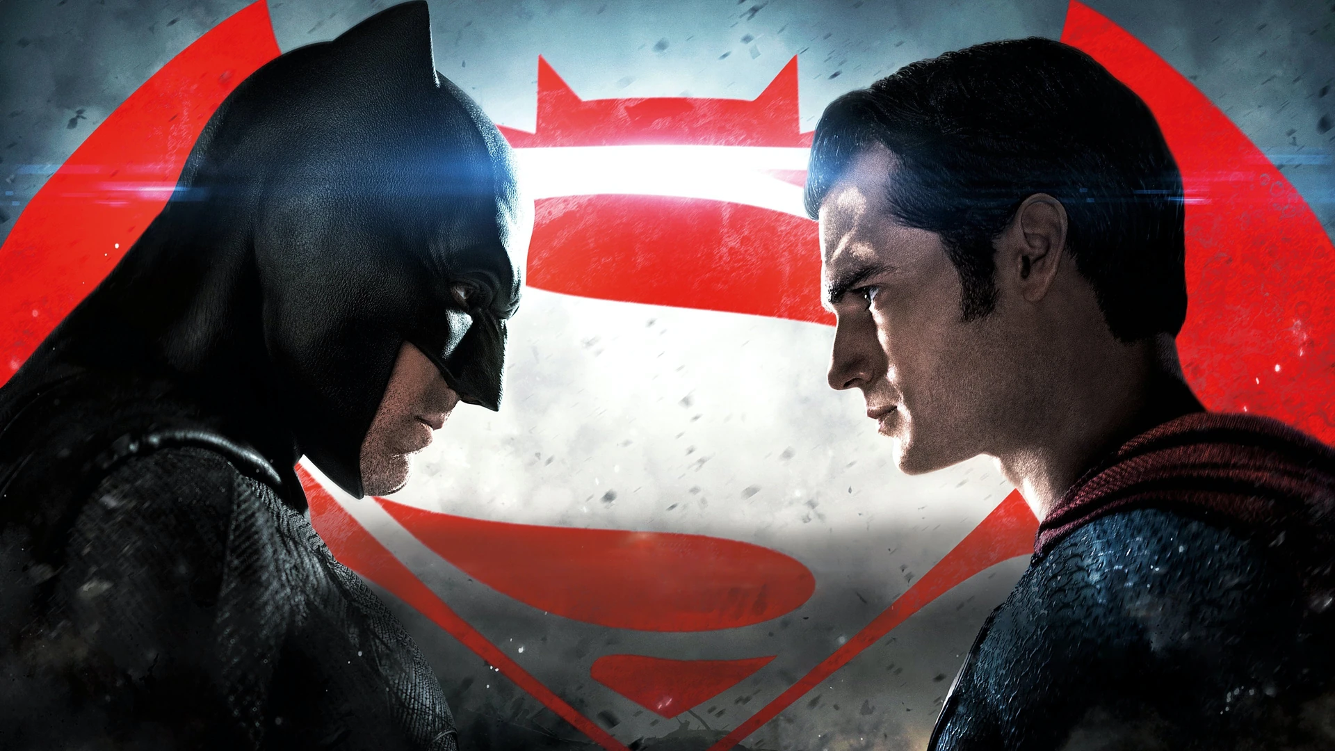 Batman and Superman stand poised for confrontation amidst urban destruction