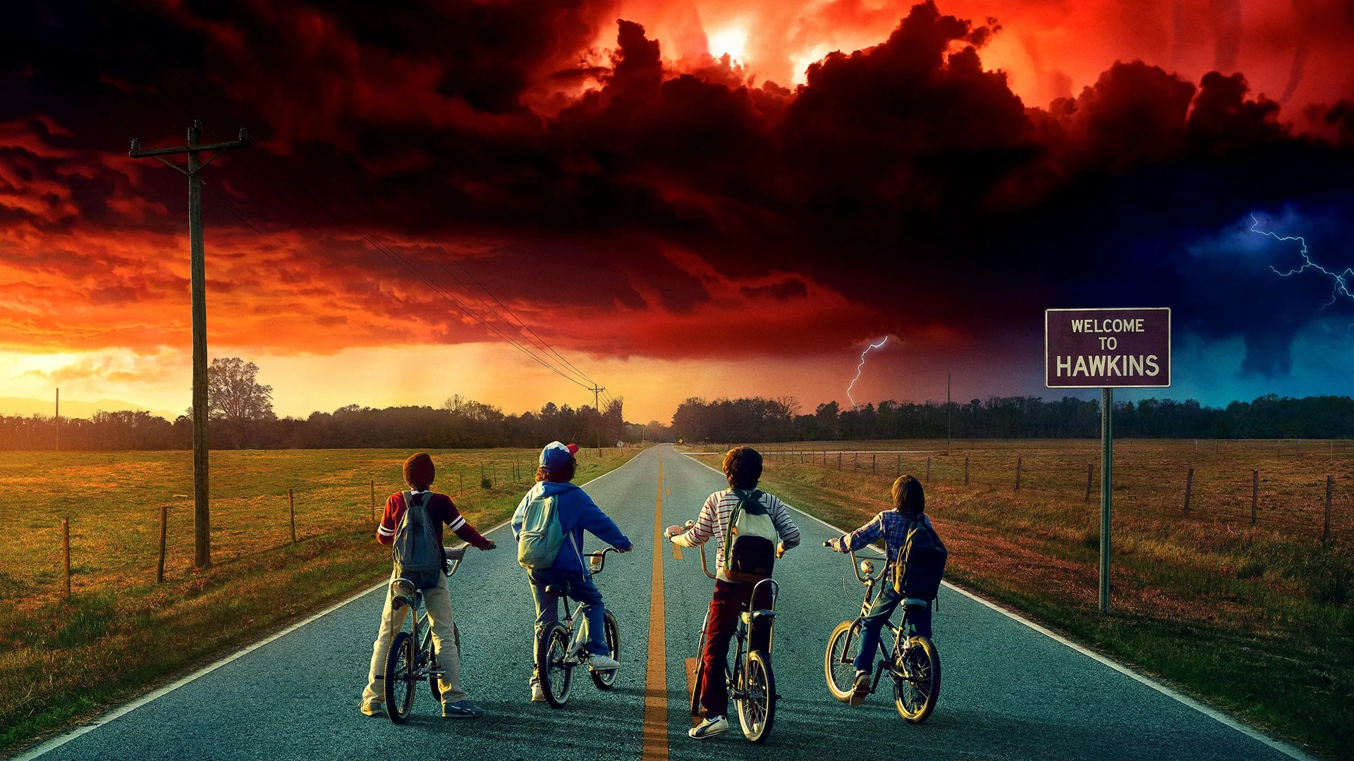The iconic silhouette of children on bicycles against a backdrop of a looming threat, symbolizing the blend of innocence and peril in Stranger Things.