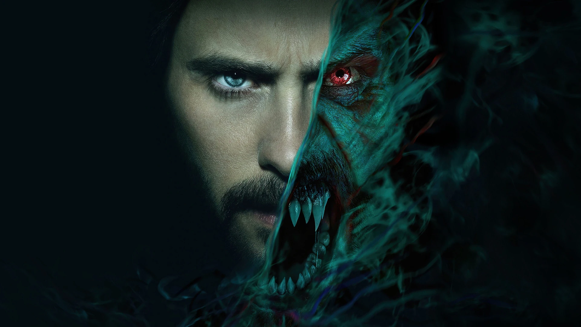 Jared Leto as Morbius in a dark, atmospheric shot, eyes glowing