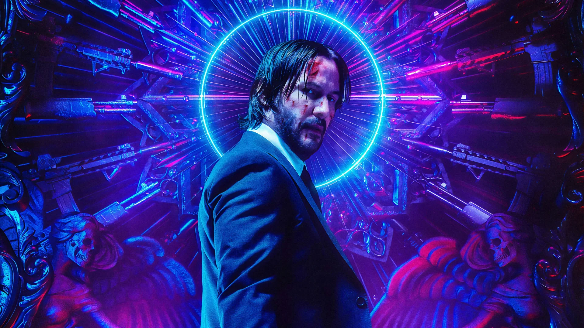 John Wick, rain-soaked and determined, amidst a neon-lit city street, a symbol of his relentless struggle