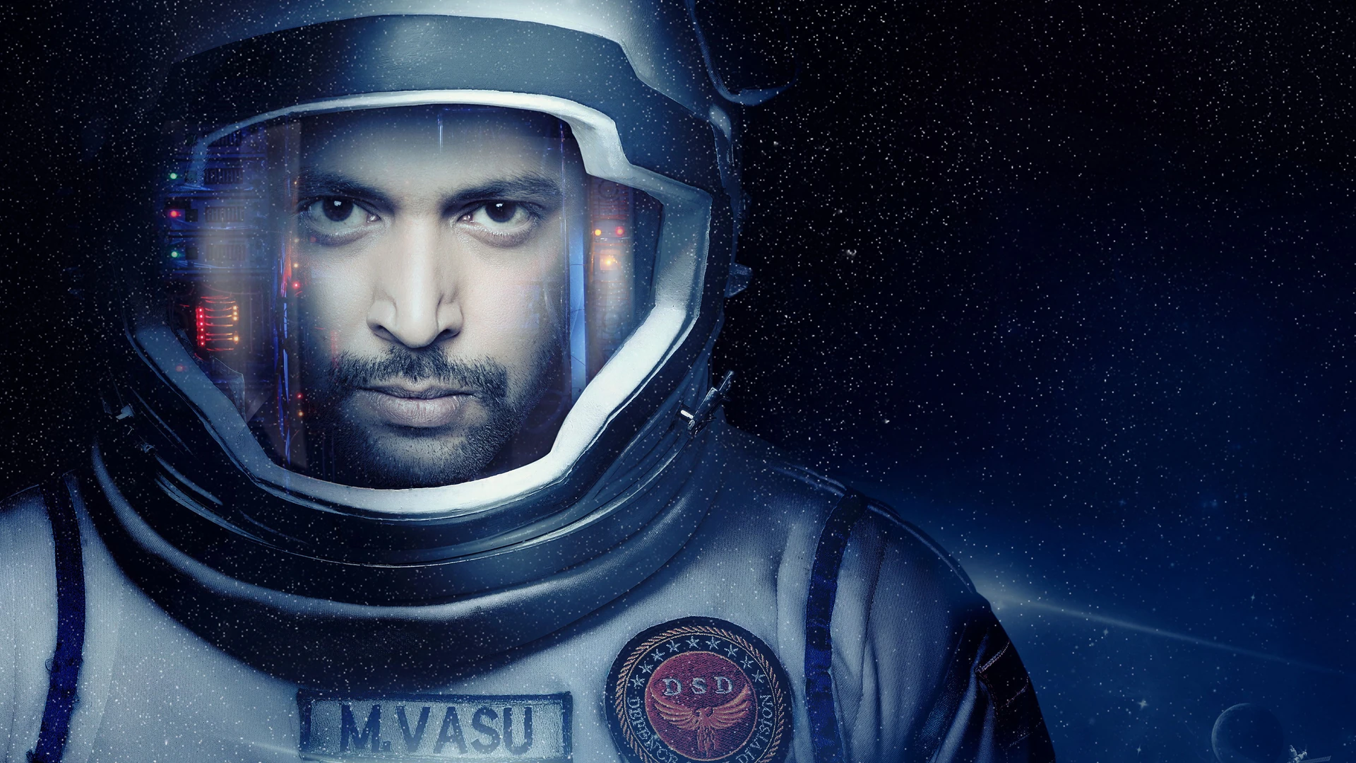 A diverse team of astronauts in a futuristic spacecraft, bathed in the blue glow of deep space