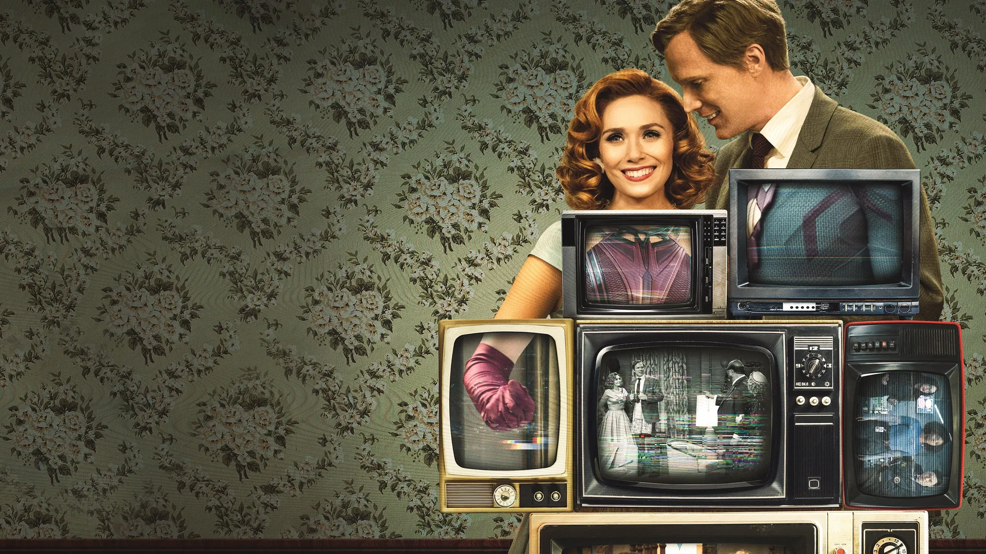 Wanda Maximoff and Vision in an idealized suburban setting