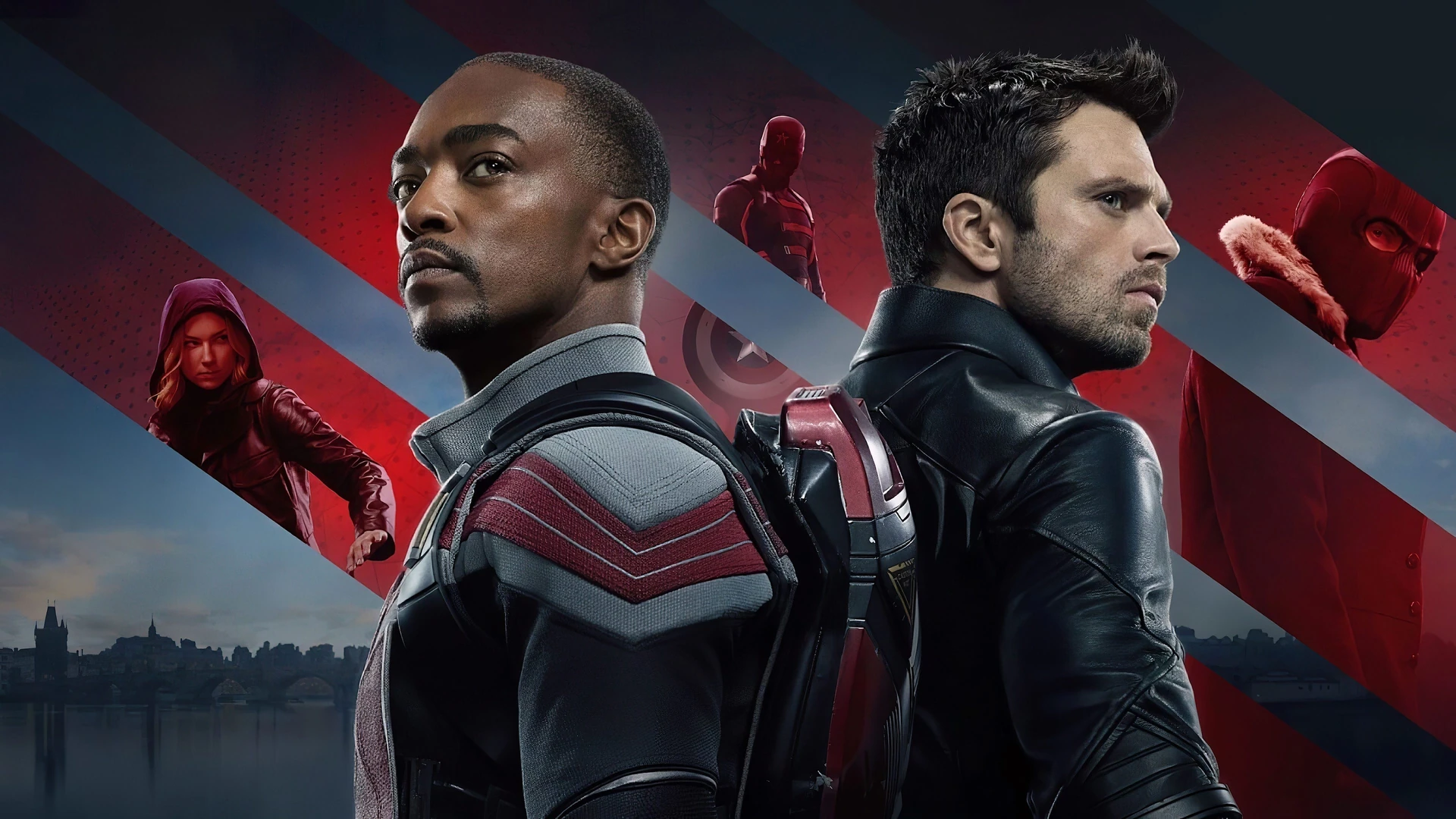 Sam Wilson as Captain America, shield raised, with Bucky Barnes by his side