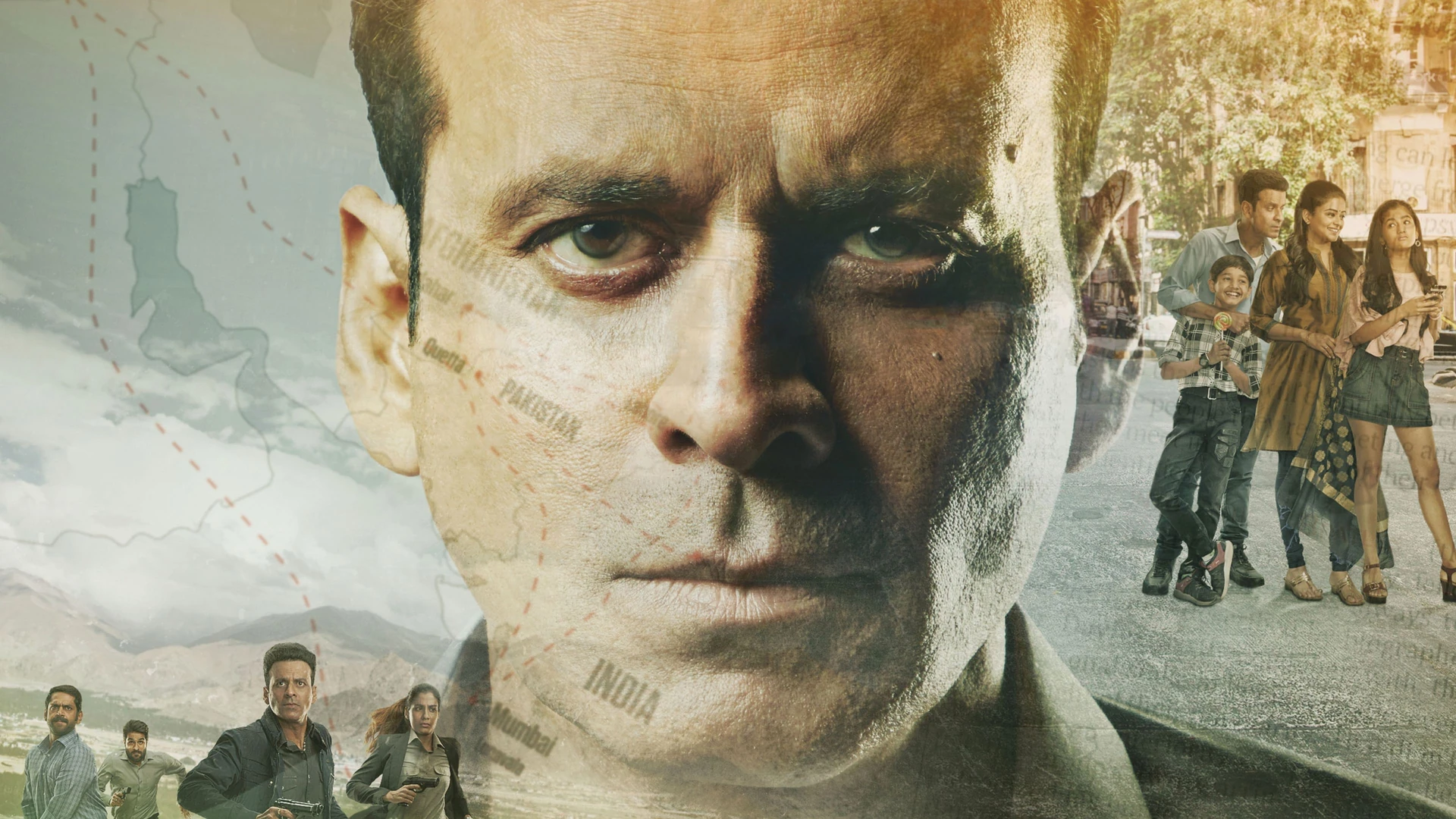 Manoj Bajpayee as Srikant Tiwari, looking burdened yet vigilant, a blend of the ordinary and the extraordinary